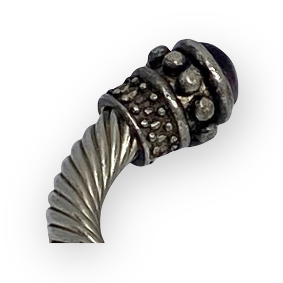 Vintage: Purple Cats Eye Cabochon Gems ❁ Twisted Silver Cable Bangle Bracelet ❁ - Picture 11 of 16